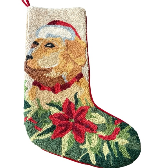 Needlepoint Christmas Stocking Large Dog and Poinsettia Red Velvet Back - Picture 1 of 8